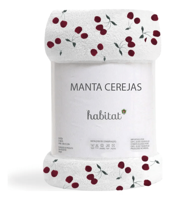 Manta Cobertor Casal Habitat 1,80x2,20 Microfibra Grossa Macia Poa Cor Branco Desenho Do Tecido Cereja