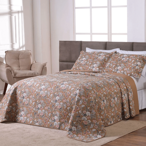 Colcha Casal Queen Jasmim Estampada - Habitat Marrom Floral Dupla Face