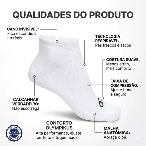 Kit Meia Olympikus Cano Curto Invisivel Branco 33 a 38