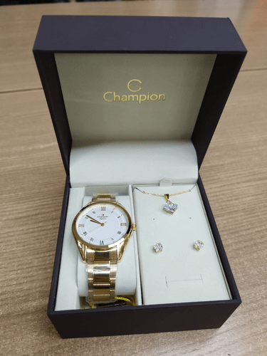 Kit Relogio Feminino Champion Dourado + Par de Brincos com Colar
