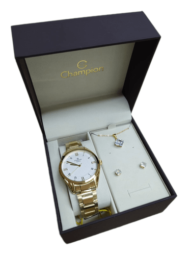 Kit Relogio Feminino Champion Dourado + Par de Brincos com Colar