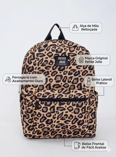 Mochila Petite Jolie Teen Onça Pj11055ii Acambamento Dos Ferragens Ouro Cor Marrom-claro Correia De Ombro Preto