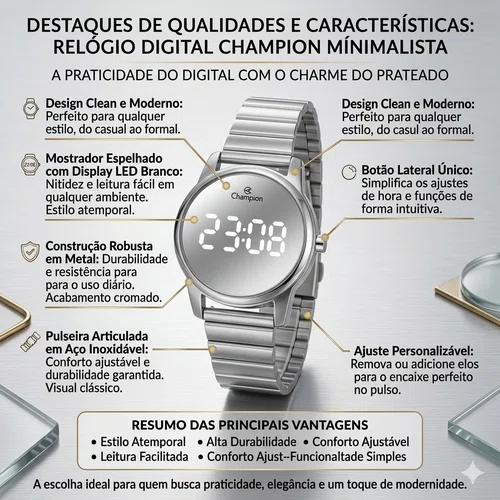 Relogio Champion Digital Feminino Prata Espelhado