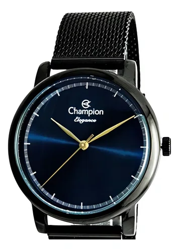 Relógio Champion Elegance Preto Redondo Fundo Azul