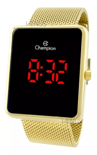 Relógio Champion Quadrado Digital Dourado Led Tela Preta