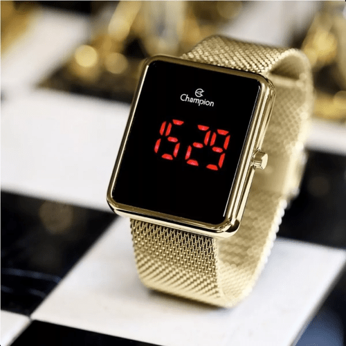 Relógio Champion Quadrado Digital Dourado Led Tela Preta