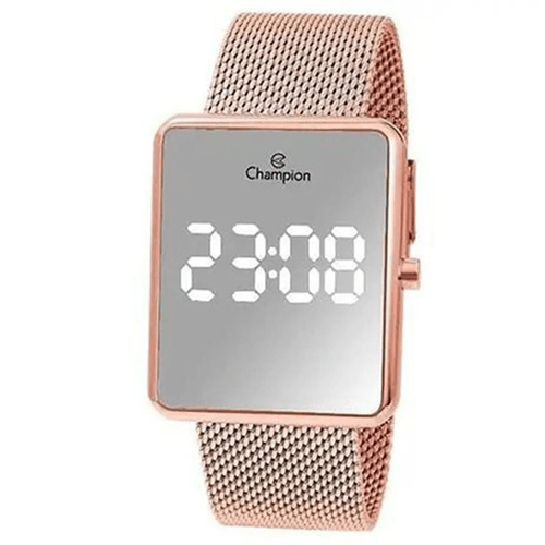 Relógio Champion Quadrado Digital Led Rosé Gold Tela Espelhada