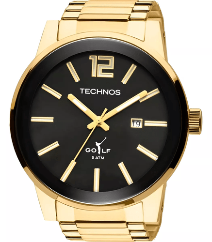 Relógio Technos Dourado Masculino Fundo Preto Golf Analógico Original