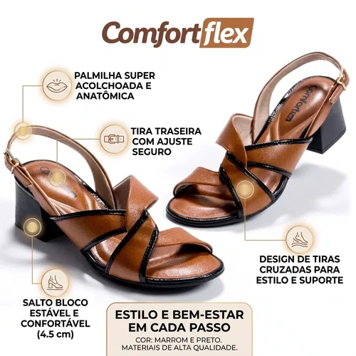 Sandália Comfortflex Casual Vernix Glam Plus Caramelo/Preto