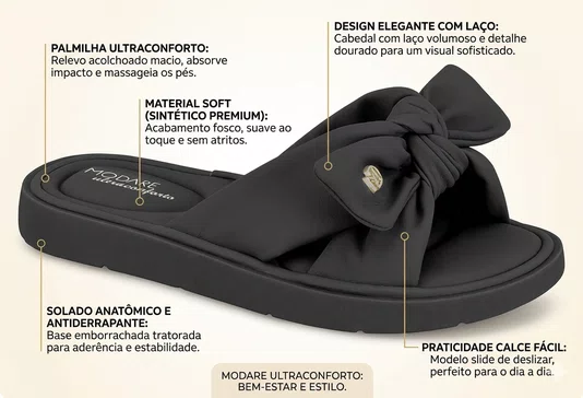 Sandalia Modare Slide Nobuck Feminino Preto com Lacinho Ultra Conforto