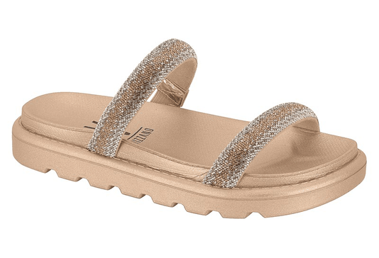 Sandalia Papete com Tiras Nude Dourada com Strass Vizzano