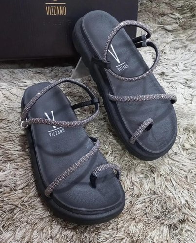 Sandalia Papete Feminina Preta Plataforma com Strass Vizzano
