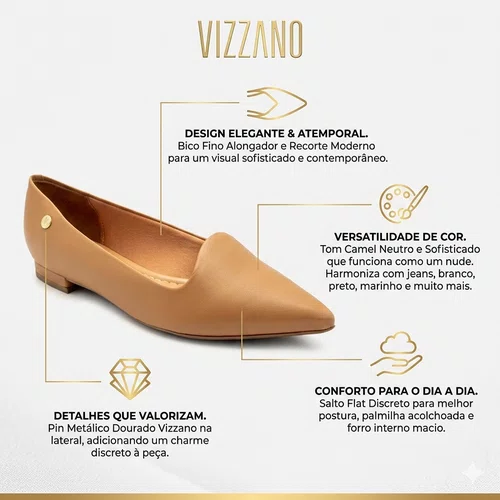 Sapatilha Feminina Bico Fino Flat Vizzano Camel