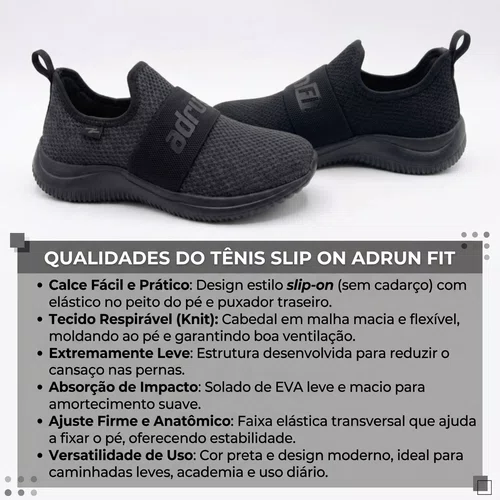 Tenis Adrun Slip On Fit Conforto Feminino Preto