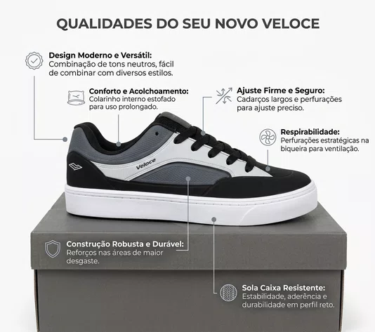 Tenis Veloce Casual Masculino Preto/Grafite