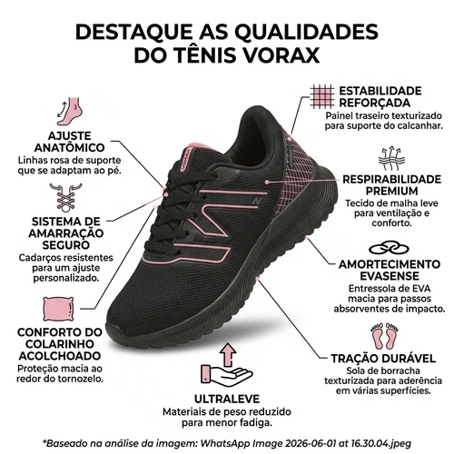 Tenis Vorax Esportivo Feminino Preto com Rosa