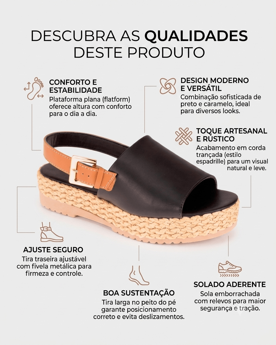 Sandalia Quiz Salto Anabela Forrado em Corda Preto Ambar