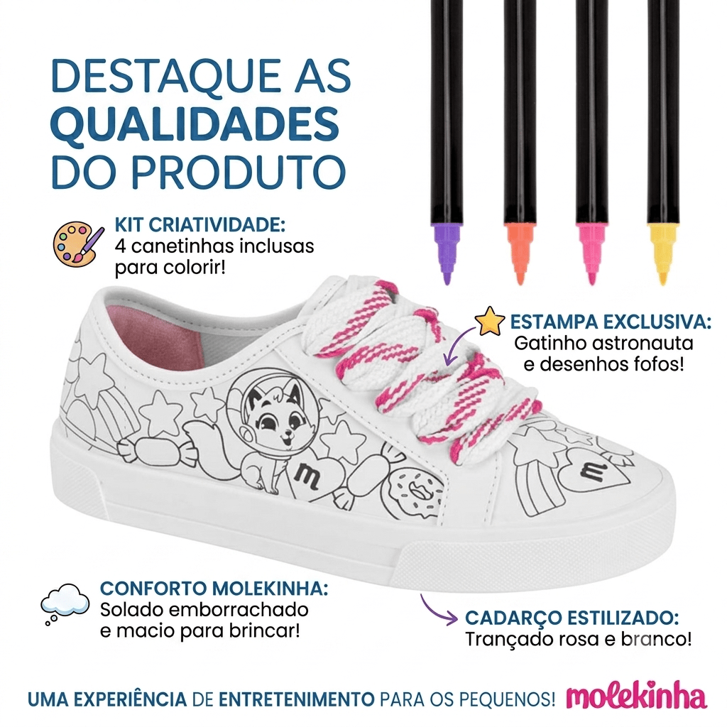 Tenis Infantil Molekinha Branco Desenhos para Colorir