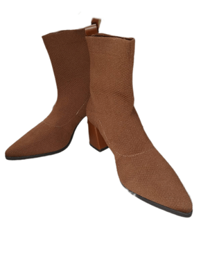 Bota Feminina Meia Knit Salto Bloco Marrom Bico Achatado Quiz