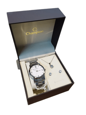 Kit Champion Relogio de Pulso + Conjunto de Brincos e Colar Prata com Strass