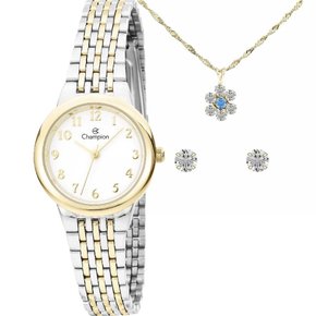 Kit Relógio Champion Prata/Dourado Feminino com Colar e Brincos