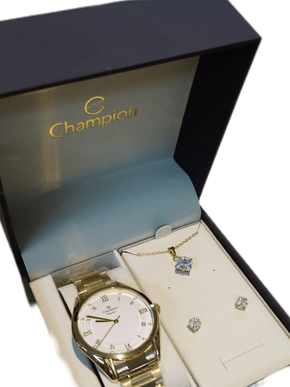 Kit Relogio Feminino Champion Dourado + Par de Brincos com Colar