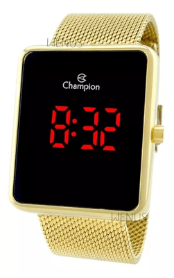 Relógio Champion Quadrado Digital Dourado Led Tela Preta