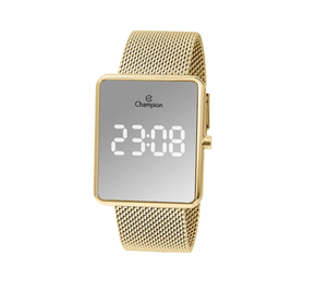 Relógio Champion Quadrado Digital Led Dourado Tela Espelhada