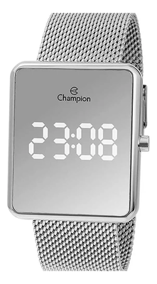 Relógio Champion Quadrado Digital Led Prata Tela Espelhada