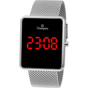 Relogio Champion Quadrado Digital Led Prata Tela Preta