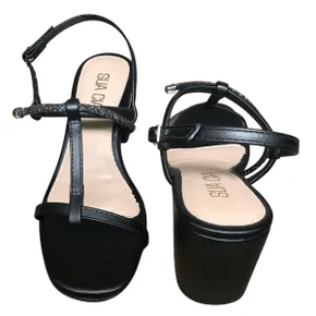 Sandália Feminina Sua Cia Ana Castela Salto Bloco  Preto com Tira Strass
